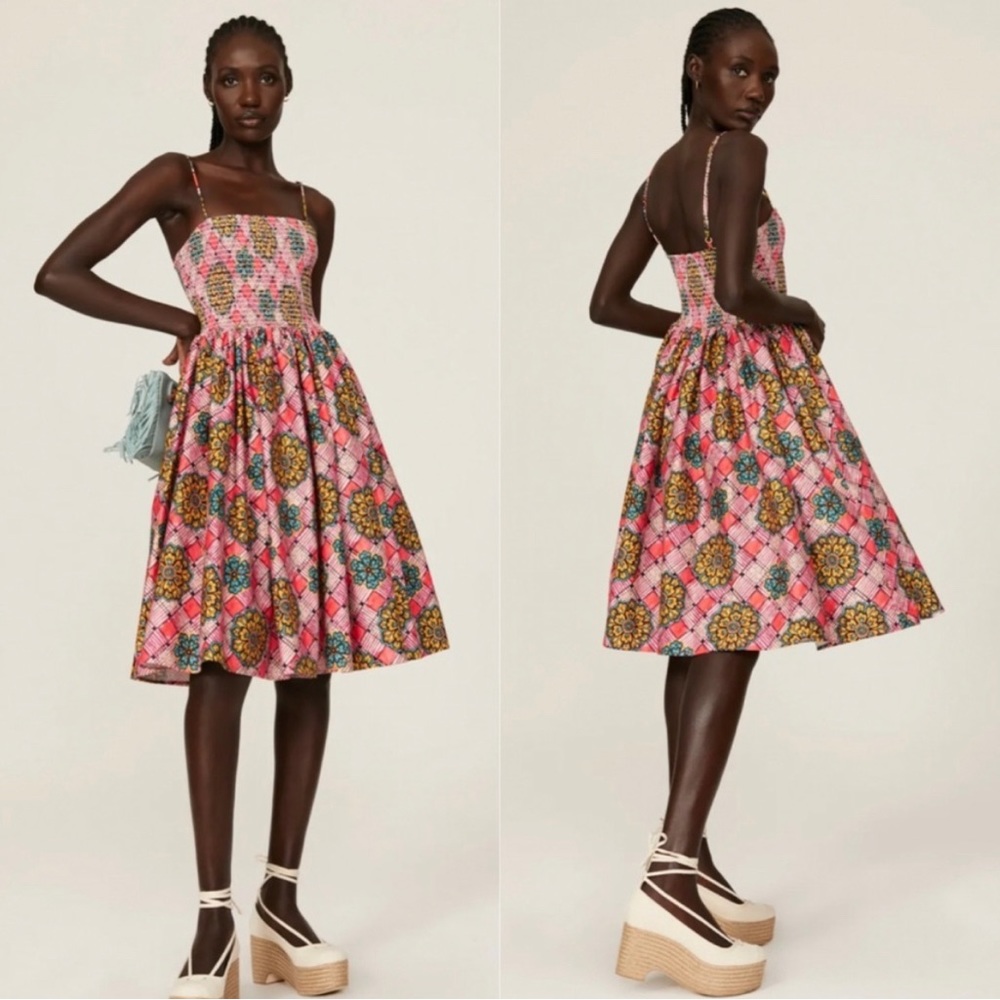 Autumn Adeigbo Winnie Multicolor Smocked Midi Dress Size 6